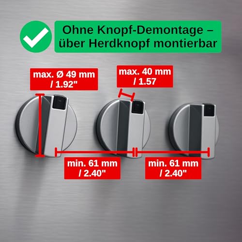 Herdknopf Kindersicherung, für 6 Knöpfe, Montage ohne Knopf Demontage, für max. Ø 4,9 cm und 4 cm hohe Herdknöpfe mit min. 6,1 cm Abstand Mitte-Mitte, transparenter Kleber, Herdschutz Baby Sicherung