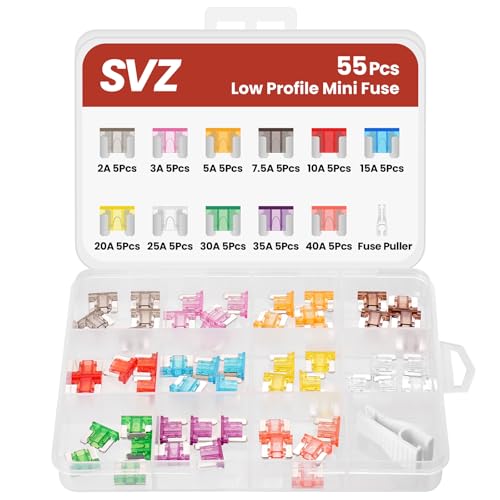 55Pcs Low Profile Mini Fuse Kit Automotive Fuses Assortment kit(1A/2A/3A/5A/7.5A/10A/15A/20A/25A/30A/35A/40A) Blade Fuse for Car/RV/Truck/Boat/Marine