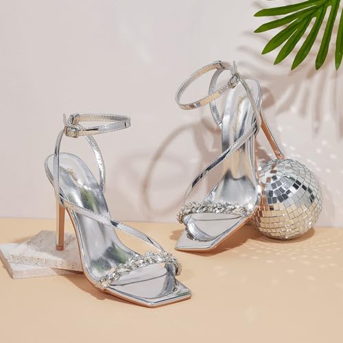 Image of Elisabet Tang Women's Crystal Stilettos Heeled Sandals, 4 Inch Square Open Toe Strappy Sexy High Heels Ankle Strap Buckle Heels for Party Wedding Dress Daily Wear Shoes