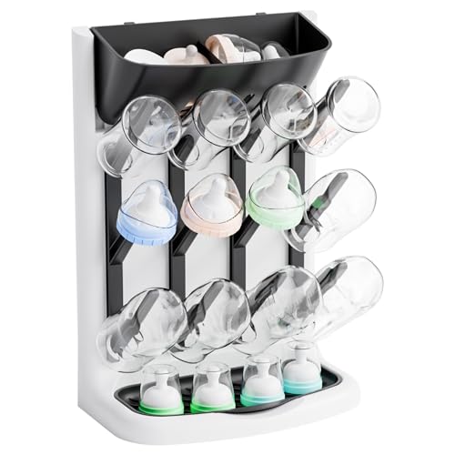 Image of Yieach Larger Vertical Baby Bottle Drying Rack - BPA FREE - Space Saving Feeding Bottles Drying Rack Holder for Countertop,Baby Bottle Holder Storage Station for Pacifiers,Pump Accessories Stand,BLack