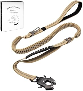 Dote on Tactical Dog Lead with Padded Handles - 4.5-6.3FT Shock Absorbing Bungee Heavy Duty Reflective Lead Strong No-Pull Design Metal Carabiner Clip Car Seat Belt for Medium to Large Dogs (Khaki)