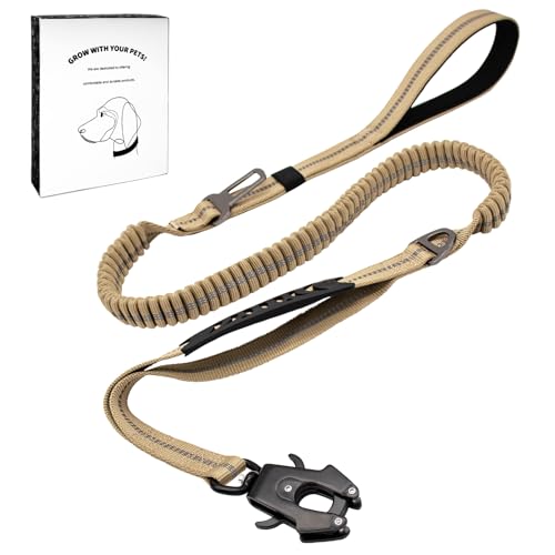 Dote on Tactical Dog Lead with Padded Handles 4.5-6.3FT Shock Absorbing Bungee Heavy Duty Reflective Lead Strong No-Pull Design Metal Carabiner Clip Car Seat Belt for Medium Large Dogs, Khaki
