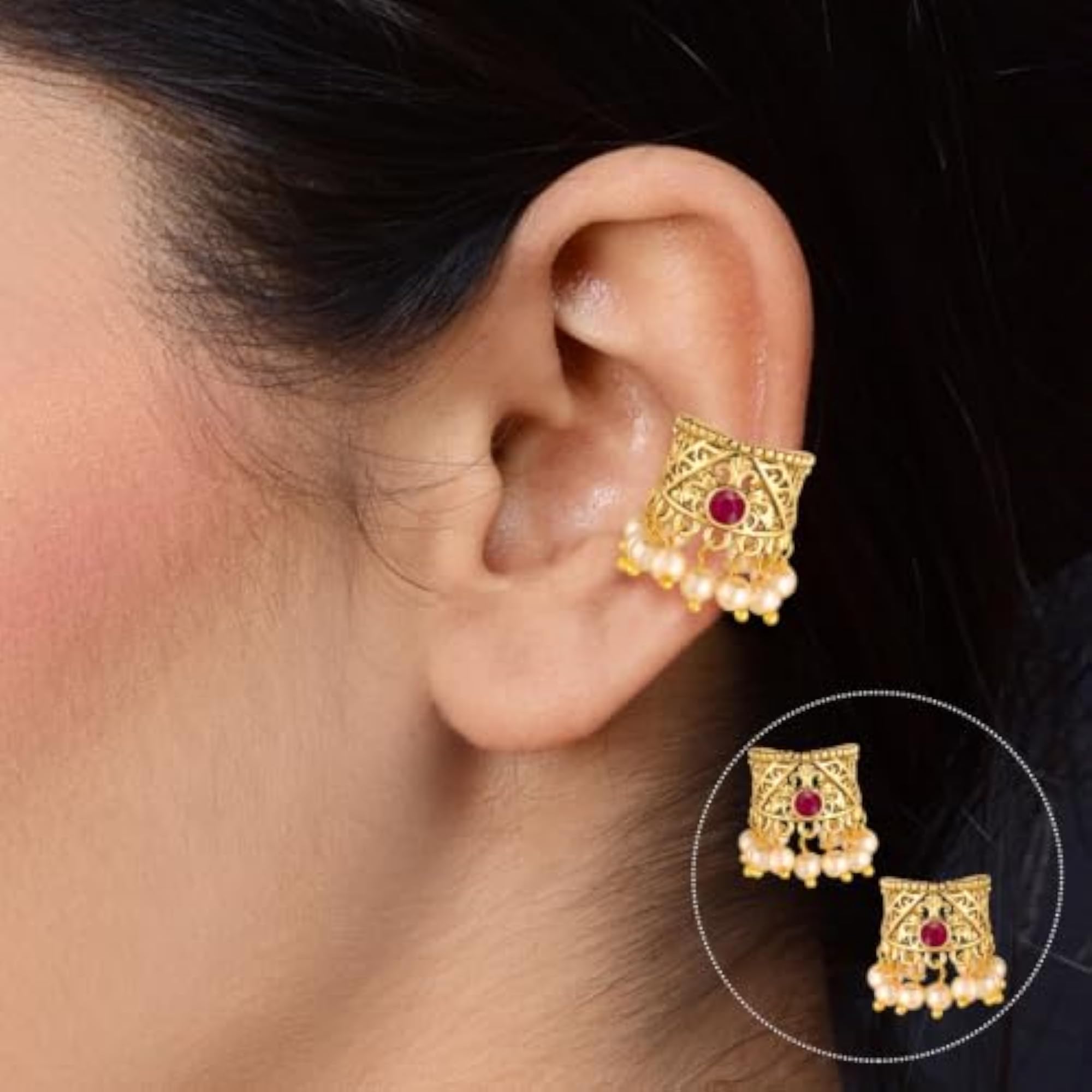 Brass Earcuff Bugadi Earring with Red Pearl Work