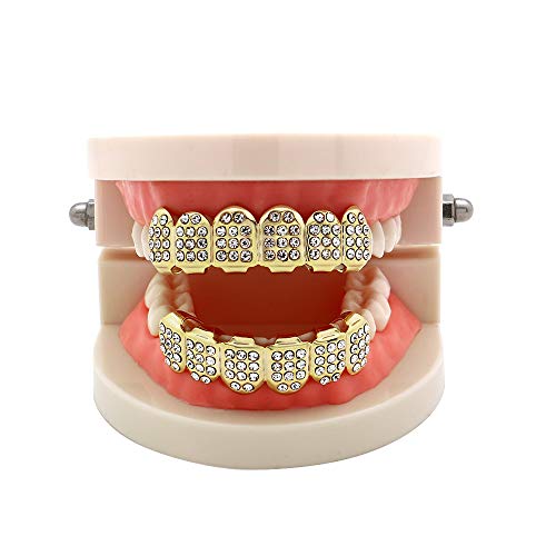 Oocc 18K Gold 6 Teeth Grillz Hip Hop Joker Diamond Top & Bottom Teeth Caps Grillz Set #TOP3