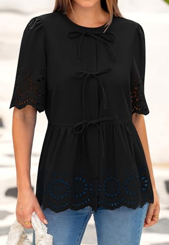 PRETTYGARDEN Tie Front Peplum Tops for Women Summer Y2K Short Sleeve Babydoll Cute Going Out Top Eyelet Blouse Shirt3