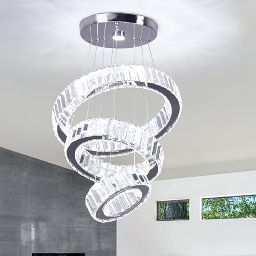 FRIXCHUR Lampadario in cristallo a 3 anelli da soffitto a LED per soffitto alto, lampadario da appendere per camera da letto, sala da pranzo, soggiorno (6500 K) bianco freddo