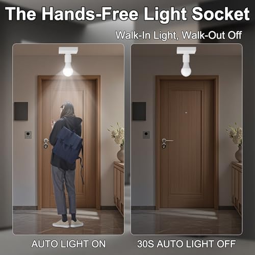 Motion Sensor Light Socket Adapter, Auto On/Off, 360° Detection Up to 20Ft, Through-Wall Sensing, E26/E27 Base, for Porch, Garage, Yard (Max 60W LED Bulb) - Thumbnail 3