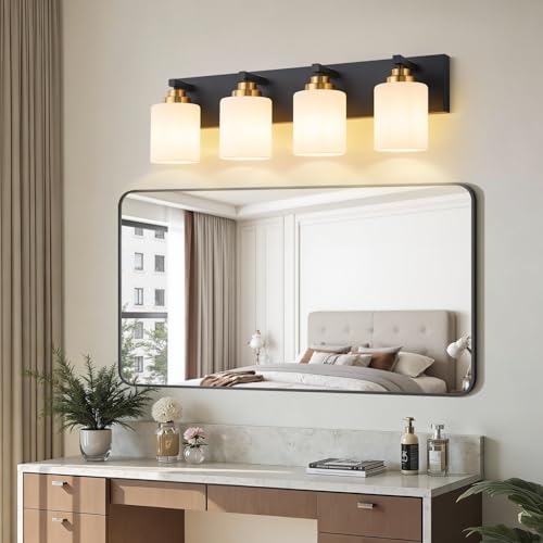Image of Vanity Lights for Bathroom, 4-Light Black and Gold Bathroom Vanity Light Over Mirror with Milky White Glass Shades, Modern Bathroom Light Fixtures for Living Room Hallway Cabinet (Bulbs Not Included)