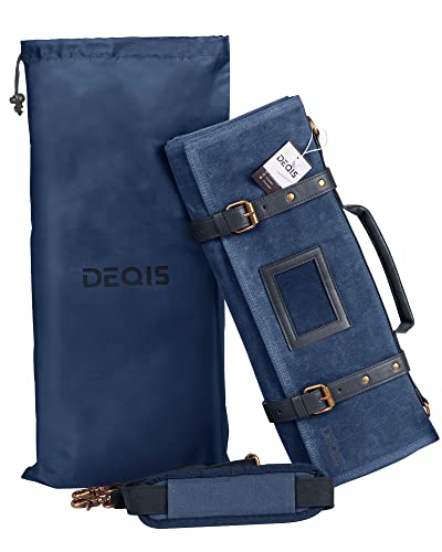 Deqis Knife Roll Chef Waxed Canvas Bag Storage 13 Slots And 1 Large Zipper Pocket Carry Shoulder Strap Handle And Name Card Professional Folding Cooking Tools Case Organizer,Knives Not Included,Blue #TOP1