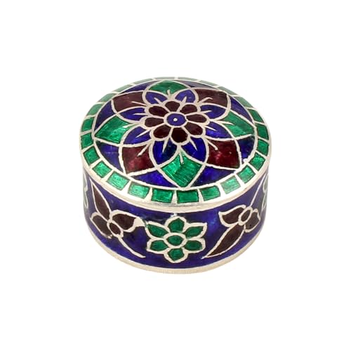 925 Sterling Silver Handmade Meenakari Work Floral Design Trinket Box Container Sindoor Box Brides Jewelry