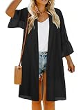 Women's Summer Kimono Sheer Swimsuits Coverup Mesh Chiffon Beach Casual Resort Swimwear（Solid Black,L)