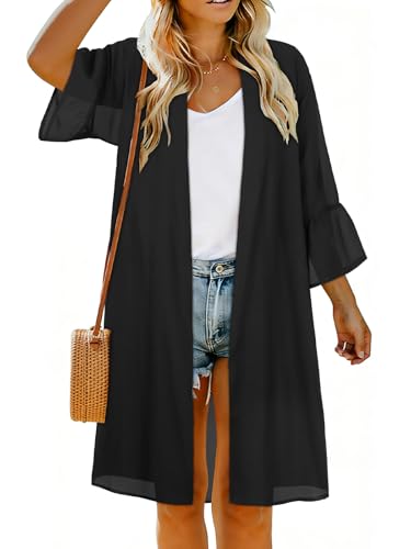Women's Summer Kimono Sheer Swimsuits Coverup Mesh Chiffon Beach Casual Resort Swimwear（Solid Black,L)