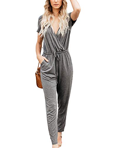 Relipop Women's Romper Wrap V Neck Short Sleeve Elastic High Waist Tie Solid Color Casual Jumpsuits Grey