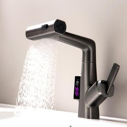 Badarmaturen mit herausziehbarer Brause, Waschtischarmatur, Messing, Digitalanzeige, heißes und kaltes Wasser, Einhebelmischer, Einloch-Waschtischarmaturen, Grau