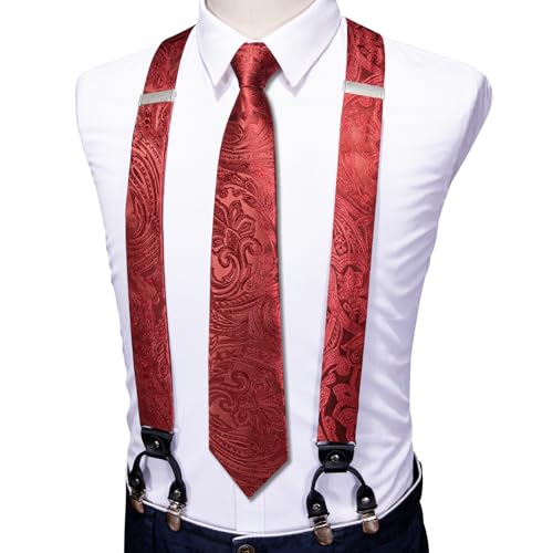 Image of Barry.Wang Men Suspender Set with Necktie Elastic Y Type Heavy Duty 6 Clips Braces Tie Handkerchief Cufflink Pin 6PCS