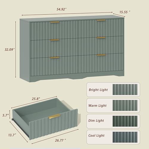 Image of Fluted 6 Drawer Dresser for Bedroom, 55 inch Wide Modern Wooden Chest of Drawers with Metal Handles, TV Stand & Closet Storage Organizer for Living Room,Hallway, Green
