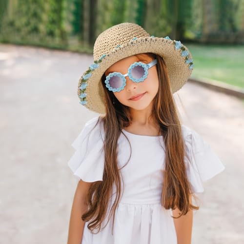 Girls Straw Hat with Flower Round Sunglasses, Foldable Flower Beach Hat Toddler Summer Sun Hats 2-6 Years3