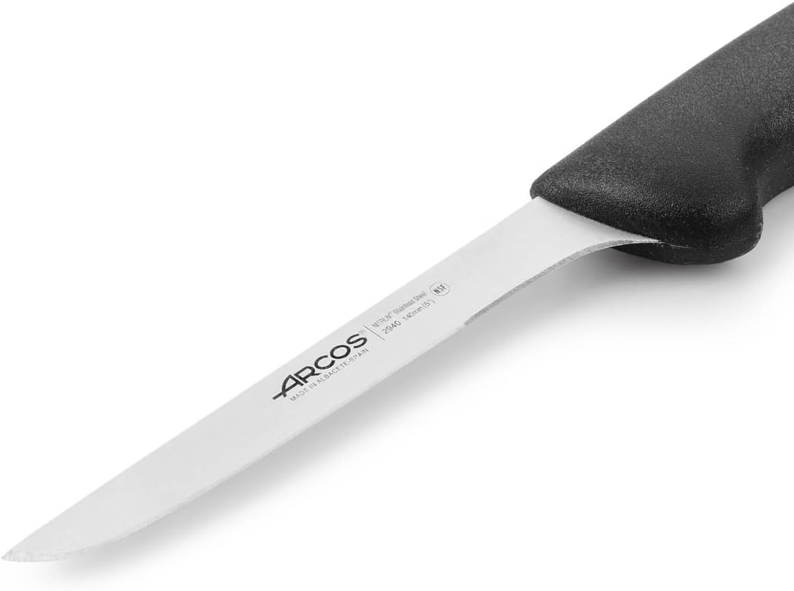 Arcos Boning Knife 5 Inch Nitrum Stainless Steel and 140 mm blade. Professional Butcher Knife to Slice Bones from Meat. Ergonomic Polypropylene Handle. Series 2900. Color black.