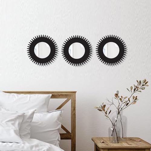 Image of Creative Arts n Frames 11 inch Set of 3 Round Wall Decor Hand Crafted Wooden HD Wall Mirror Panel for Living Room Bedroom Lobby Modern Wall Decor Home Decor Items (Chakra1 Black)