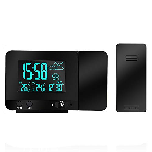 Protmex Projection Alarm Clock, PT3531B WWVB Digital Radio Controlled Projection Clock with Weather Station, Dual Alarms, Indoor Thermometer, USB Phone Charging, Colorful Backlight Function