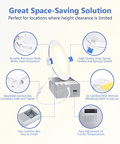 Auxoda 5Cct Recessed Lighting 6 Inch, Ultra-Thin Led Recessed Ceiling Light With Junction Box, 2700K/3000K/3500K/4000K/5000K Selectable Ultra-Thin Recessed Lighting, 12W 110W Eqv, Dimmable #TOP1