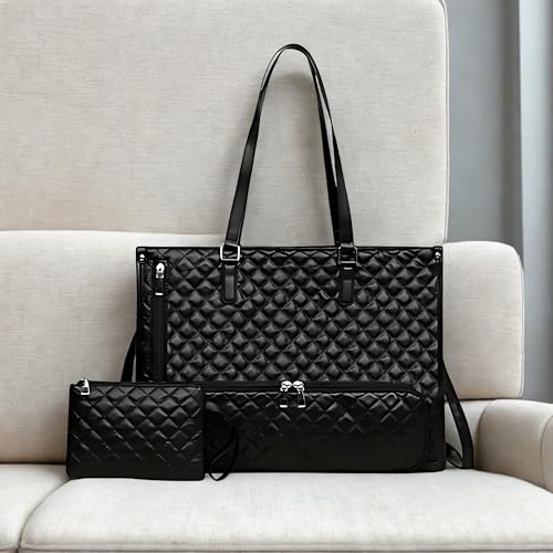 Image of Large Laptop & Lunch Tote Bag for Women - Spacious Office Shoulder Handbag for Work, Travel & Daily Use with Multi Compartments (Black)