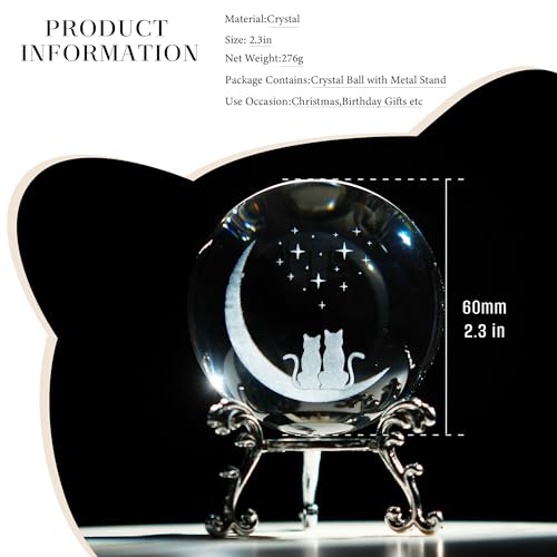ZEERSHEE 60mm(2.3inch) Cats & Moon Crystal Ball Paperweight with Stand Base Glass Sphere Home Decor Gifts for Cat Lovers - Image 4