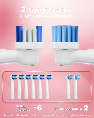 Spazzolino Elettrico Rotante Per Adulti E Bambini - Spazzolino Denti Rotante 3 Intensità, 5 Modalità, 8 Testine, Impermeabile IPX7, Spazzolino Elettrico Da Viaggio Ricaricabile, Rosa - 6