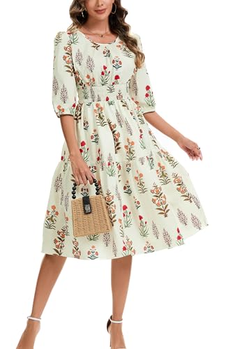Image of Kormei Women Casual Boho Floral Round Neck 3 /4 Sleeve Smocked Waist Tiered A Line Flowy Swing Midi Dress Long Dresses