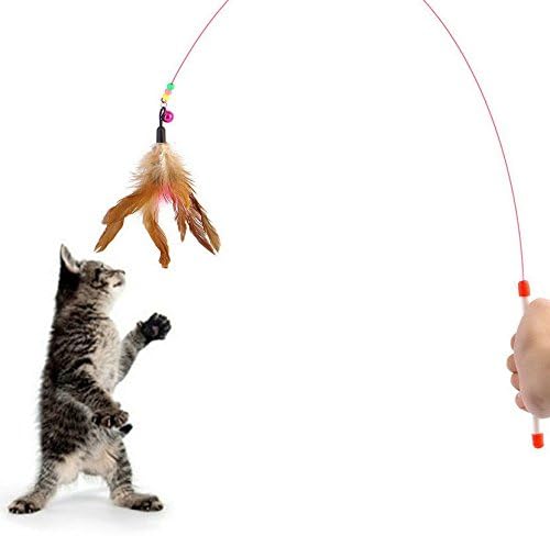 Kitten Cat Pet Toy Wire Chaser Wand Teaser Feather With Bell Beads Play Fun