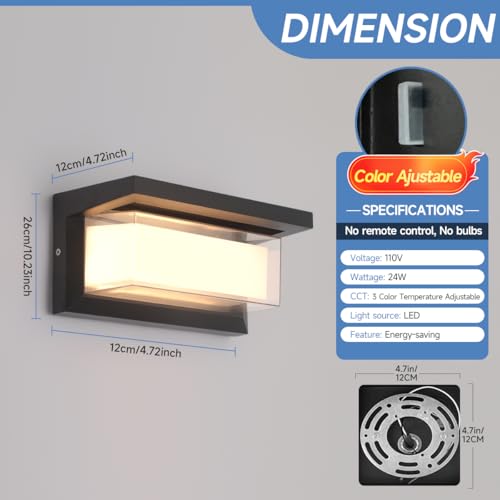 Image of Outdoor Lights for House 24W Exterior Lighting Fixtures 3-Color Adjustable 2200LM IP65 Waterproof Aluminum Exterior Wall Light Compatible with Dimmers for Patio, Yard, Back Yard 4 Pack