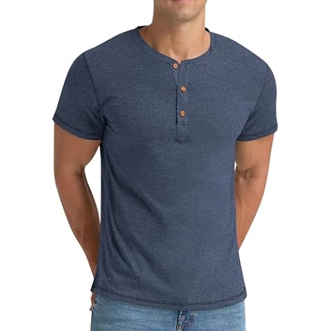 Aimeilgot Mens Casual Shirts Henley T-Shirts Short Sleeve Front Placket Washed Basic Summer Tops Classic Henley Shirts for Men Navy Blue, Large Cover