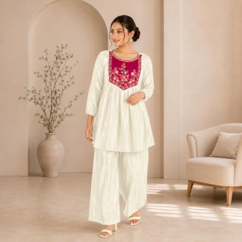 Image of Embroidered Sharara Set for Women | Roman Silk Short Kurta with Flared Sharara Pants | Designer Festive Ethnic Wear Suit Set for Weddings, Sangeet & Celebrations