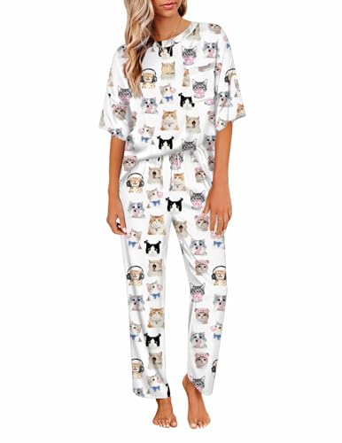 Ekouaer Womens Satin Silky Pajama Set Short Sleeve Shirt with Long Pajama Pant Set Soft PJ Loungewear