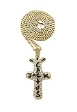 BLINGFACTORY Hip Hop Jewelry Rapper Style Gold Plated Iced Cactus Cross Pendant & 3mm 24' Miami Cuban Chain Necklace