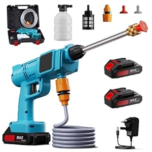 The Fellie Cordless Electric Pressure Washer, Portable Pressure Washer, Jet Washer Gun Kit With 2 * 21V 1500mAh Battery/2*Spray Nozzles/Hose, Car Wash Spray Gun for Car/Floor/Garden Cleaning, Blue