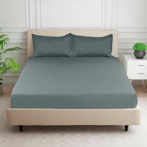 Image of HOMADORN Premium Polycotton Flat Bedsheet for Double Bed with 2 Pillow Covers - Soft, Durable & Wrinkle-Resistant (Smoky Grey)