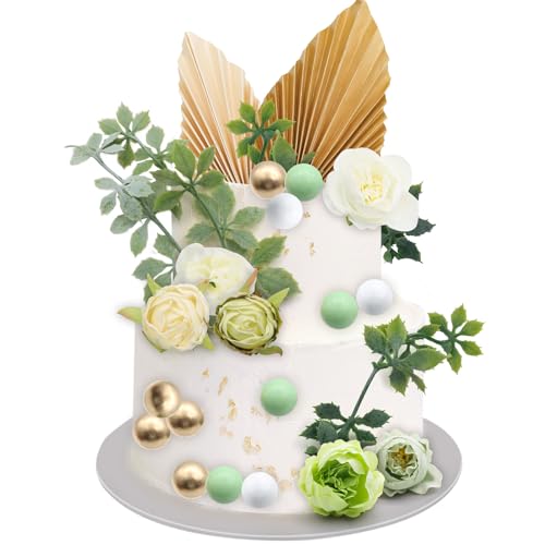 VEGCOO 29pcs Verte Décoration Gâteau, Bohème Décoration de Gâteau, Roses/Feuilles de...