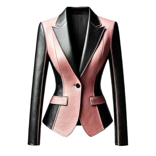 Women Faux Leather Blazer Colorbloack Notched Lapel Single-Button Long Sleeve Pu Jacket