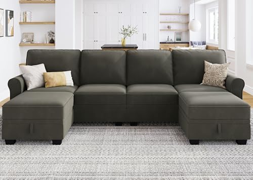 HONBAY Convertible Sectional Sofa with Storage Seat Suede U Shaped Sectional Couch with Reversible Chaise Small Sectional Couches for Living Room,Suede Green