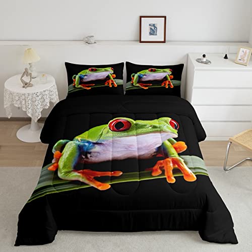 Frog Comforter Set Queen Tropical Amphibian Quilted Duvet 3D Animal Frog Print Bedding Duvet for Teens Boys Kids Tropical Botanical Pattern Bedding Comforter Decor 3 Pcs Bedding Set with 2 P