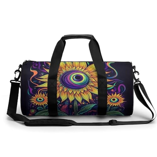 Portable Large Overnight Duffel Bags Trippy Eyes Flower Sunflower Travel Storage Bag, Waterproof Gym Sports Handbag with Adjustable Shoulder Strap