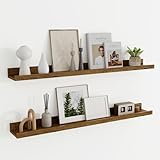 Wandregal Holz 90 cm, Regal Wand Bilderleiste für Bilderrahmen und Bücher 2er Set, Schweberegal aus MDF Holz, Regalbrett Wandboard für Küche, Wohnzimmer, Schlafzimmer & Arbeitszimmer, Vintage Braun