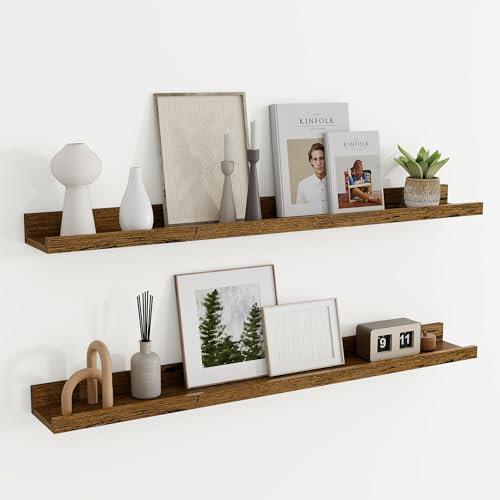 Wandregal Holz 90 cm, Regal Wand Bilderleiste für Bilderrahmen und Bücher 2er Set, Schweberegal aus MDF Holz, Regalbrett Wandboard für Küche, Wohnzimmer, Schlafzimmer & Arbeitszimmer, Vintage Braun