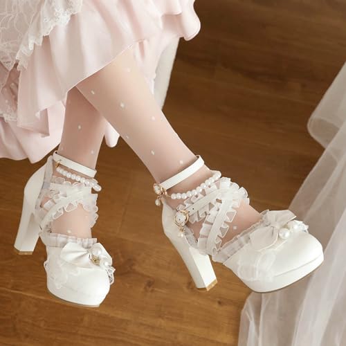 LUXMAX Women Cute Mary Janes Kawaii Shoes Block High Heel Ankle Strap Pumps Sweet Chunky Heel Platform Buckle Pumps with Bow3