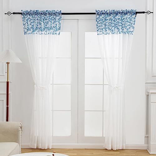 L.z.e White Sheer Curtains, Semi Sheer Window Curtains 72 Inches Long For Living Room Bedroom Rod Pocket Window Door Curtains With Tiebacks Blue Paisley Floral Printed (56" W X 72" L Blue) #TOP1