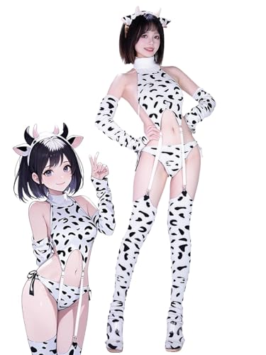 [SENMHS] 童貞を殺すセーター ロリータ風 ニット セクシー 高嶺女子風 ハイネック 背中あき 露出 トップス コスプレ 衣装 レディース ミルクカウ柄 トップスTバック アームカバー*2 ハイソックス*2 カチューシャ 7点 60kg対応 - 画像1