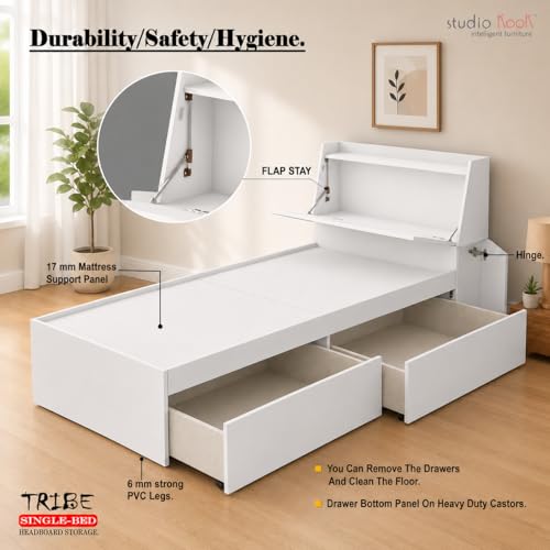 Image of Studio Kook Tribe Right Single Bed with Headboard Storage & 2 Drawers | Engineered Wood Bed | Fits 78 x 36 inch Mattress | Moonshine White | Mattress Not Included