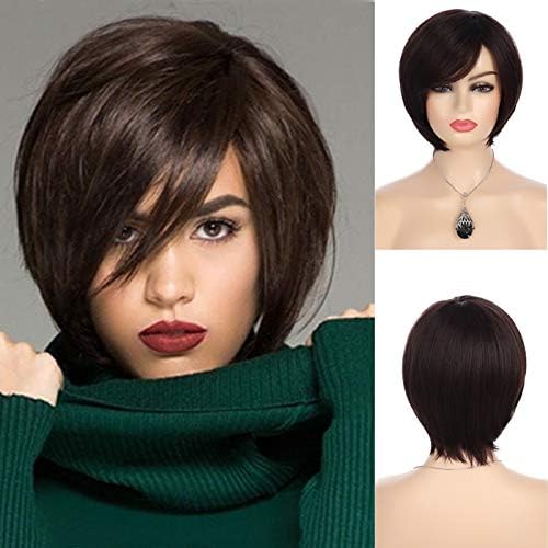 Baruisi Short Brown Bob Wigs for Women Synthetic Straight Side Bangs Costume ...