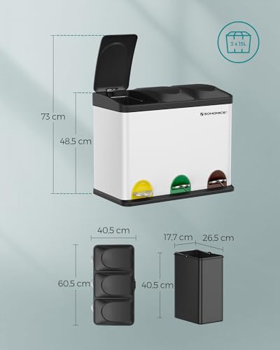 SONGMICS Cestino da Cucina, Pattumiera per Riciclaggio, Pattumiera Tripla a Pedale, in Metallo da 45 Litri, per Raccolta Differenziata, 3 x 15L, con Coperchio, Acciaio, Bianco LTB45W - Immagine 5